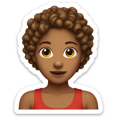 Tan girl with curly brown hair, brown eyes, hoop earrings, and a red tank top sticker