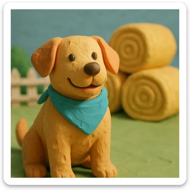 friendly farm dog with a bandana, hay bales in background, soft pastel colors, claymation style sticker