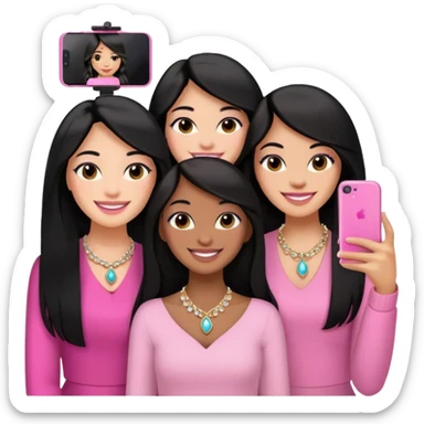 Just 3 besties with professional glammed up looks wearing pink and white, medium skin tone smiling big with black long hair. Very girly wearing jewelry, taking a selfie  sticker