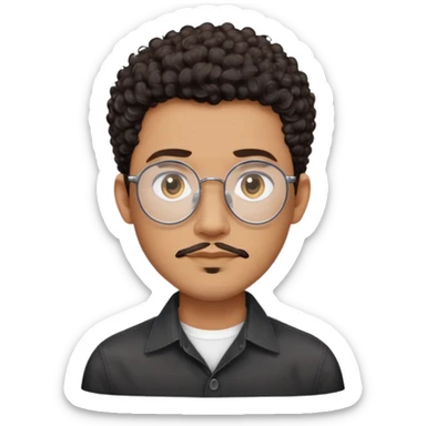 Man with oval-shaped face, large oval metallic glasses, dark curly short hair with high fade, light brown complexion, gentle expression, black button-up shirt sticker