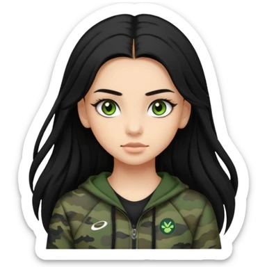 cute teenage girl, cute athletic clothes, light tan skin, dark camo green eyes, long black hair, very long eyelashes sticker