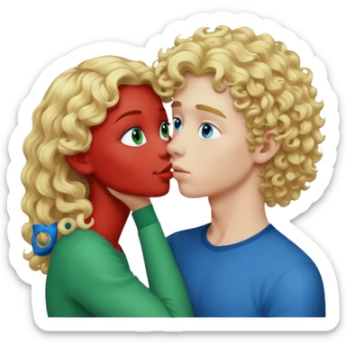 Tall curly blonde girl blue eyes pale kissing bold boy with green eyes sticker