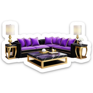 Luxurious black marble living room with gold and white accents and with a purple accented pillow  sticker