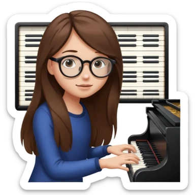girl long brown hair. round glasses eye. playing piano sticker