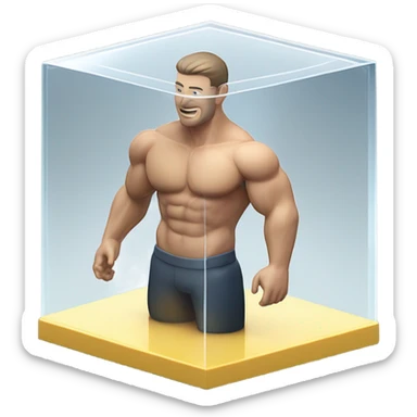man abs inside a glass cube on a stand isometric view sticker