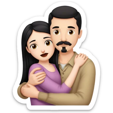 Tall pale man with brown mustache and goatee, hugging small pale woman long with black hair sticker