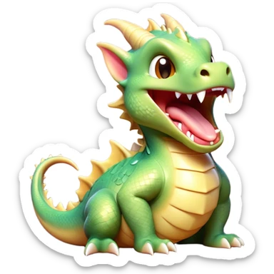 Cinematic Cute Yawning Dragon Portrait Emoji, Head tilted slightly with a dramatic, wide-open yawn, showcasing a soft, lustrous scaled body with gently drooping fins and half-closed, drowsy eyes, each scale rendered in exquisite detail under natural light; high shine, relaxed yet expressive, styled with a dash of fantastical charm, soft glowing outline, capturing the essence of a sleepy yet affectionate dragon that appears ready to stretch out and rest in its enchanted lair! sticker