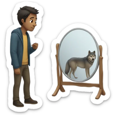 Picture of a man looking at a mirror and seeing a wolf sticker