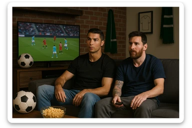 Ronaldo and Messi sitting on a couch watching TV, with a football match playing in the background sticker