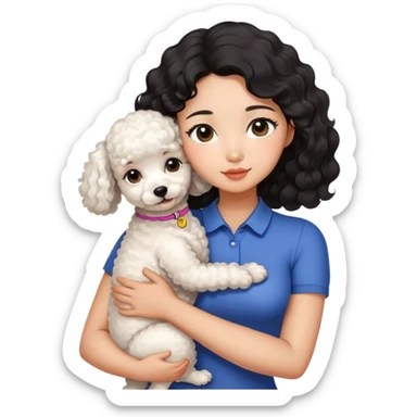 Asian girl with slim figure, small face, big eyes, wavy black hair, wearing a bodycon shirt is hugging a slightly fat white poodle sticker