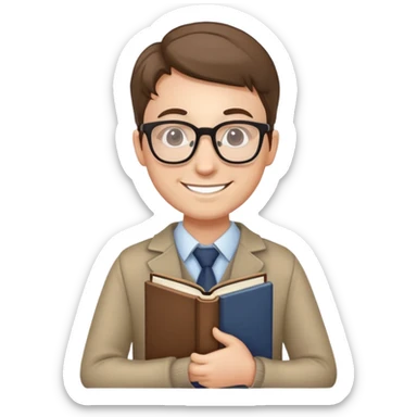 English teacher holding a book, smiling, wearing glasses sticker