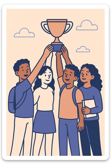 four diverse students in a warm atmosphere lifting a trophy, flat design style, dynamic silhouettes, light background, warm color palette sticker