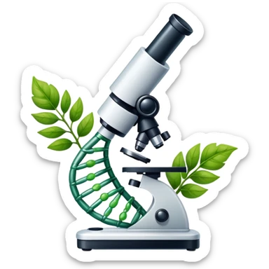 An icon featuring a DNA strand, a microscope with visible cells, and a green leaf, symbolizing biology. The design includes animal cells, plant structures, representing the study of living organisms and ecosystems. Transparent background highlights life sciences and biological research. sticker