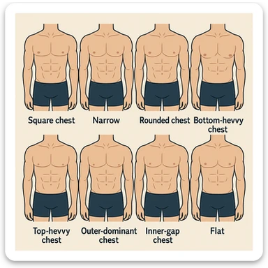 Make image of types of male chest shapes, few examples: Square chest, Narrow chest, Rounded chest, Bottom-heavy chest, Top-heavy chest, Outer-dominant chest, Inner-gap chest, Flat chest. sticker