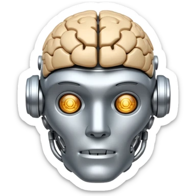 A fit male robot with a huge brain sticker