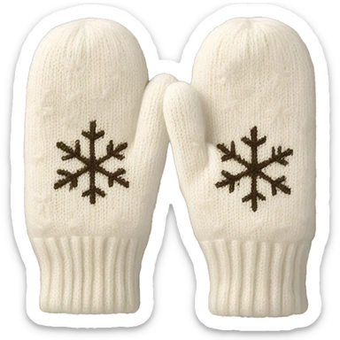 A pair of creme cozy knitted white mittens with a snowflake design sticker
