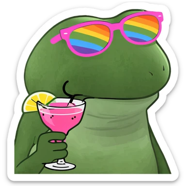 Bufo frog with pink sunglasses, holding a rainbow cocktail, in bufo style, transparent background sticker