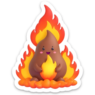 poop character on fire, exaggerated cartoon style sticker