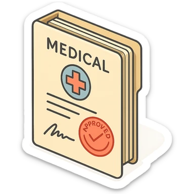 first page of medical history folder with stamp and signature, 2D isometric style, clean outlines, highly detailed drawing, shadows and highlights, soft lighting, transparent background sticker