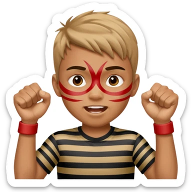 A boy with stripes face paint across his cheeks, raising his fists in excitement. sticker