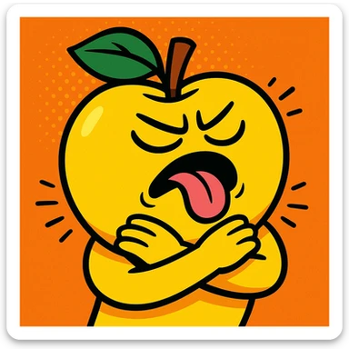 yellow apple, arms crossed around itself as if choking, closed eyes, tongue out, vibrant toon style sticker
