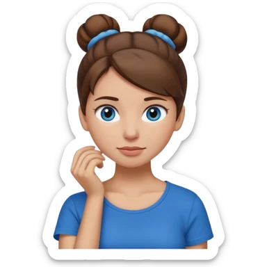 apple style emoji of a woman with brown hair in a bun, blue eyes, holding her neck as if it hurts, wearing a black T-shirt sticker