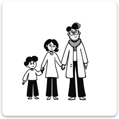 a family of four, hand-drawn doodle style, playful, white background sticker