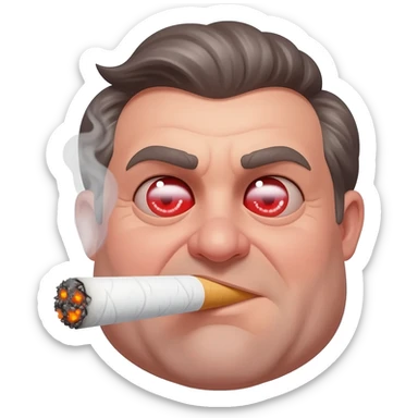 Chubby goofy looking middle aged  white guy with dark brown, but graying hair and bloodshot eyes, Smoking A SUPER HUGE  all white joint without filter with orange and ash with hot ash and smoke rising off of it sticker