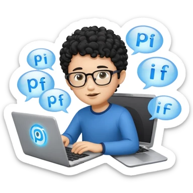 A young boy DEVELOPER WITH A laptop, black curly short hair, wearing glasses, a thin goatee, his skin is asian

Add the word "PIF" floating around him sticker
