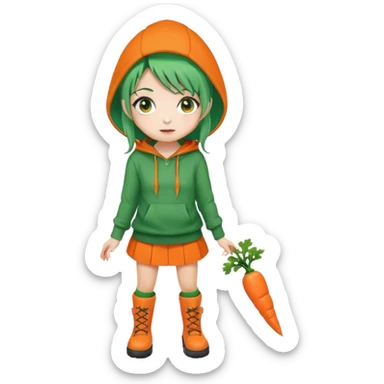 cute green-haired girl with orange eyes, wearing an orange hoodie, green skirt, orange knee socks, and green boots, with a small carrot accessory on her head, big expressive eyes, simple emoji face, round head, clean vector style sticker