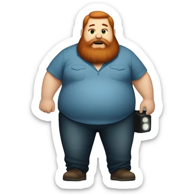 caseoh, man, very fat, 500lbs, red hair, long beard, full body, holding a flashlight sticker