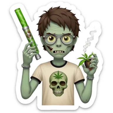 short wavy brown haired zombie getting stoned with weed t shirt and bong on his hand and wearing black chrome hearts bifocals sticker