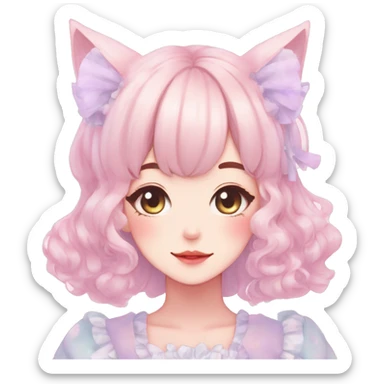 Gorgeous pastel anime style lady with blushing face and cat ears cottagecore fairycore pastelcore colorful pearly romantic simplistic aesthetic trending style sticker