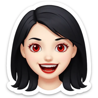 white girl with black hair and red eyes, cute face, scary face laughing sticker