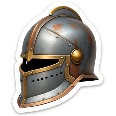 antique medieval knight helmet with light rust patches and weathered metal sticker