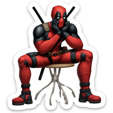 like the character Deadpool but named and drawn as Threadpool, sitting with one leg out and one hand under chin sticker