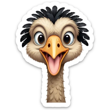A cute cartoon adult male ostrich standing with black feathers. Mouth open. sticker