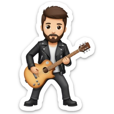 A rocker brunette boy with a beard a guitar, leather jacket  sticker