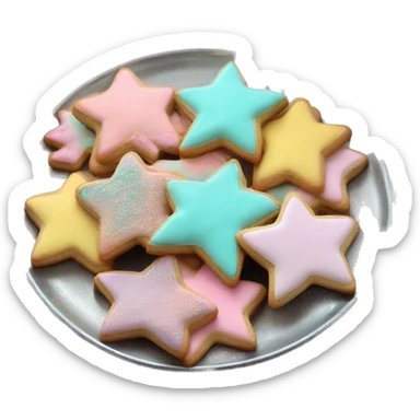Realistic star shaped cookies and heart shaped cookies with pastel ombre icing and sprinkles piled up on a metallic silver plate. sticker