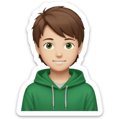 the face of an Anime teen boy with brown hair, green eyes, looking smiling slightly sideways positioned. Face must be main filling of the emoji. A little piece of hoodie can be visible. 128px sticker