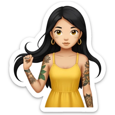 Beautiful Asian girl with long black hair and body tattoos wearing a yellow sundress sticker