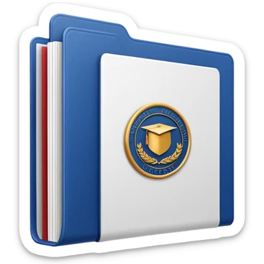 A simple emoji-style icon of a white textured paper folder, clean and formal, with sharp edges, minimal shading, and an embossed university degree/certification seal on the front, conveying academic achievement and official records. white white white  sticker