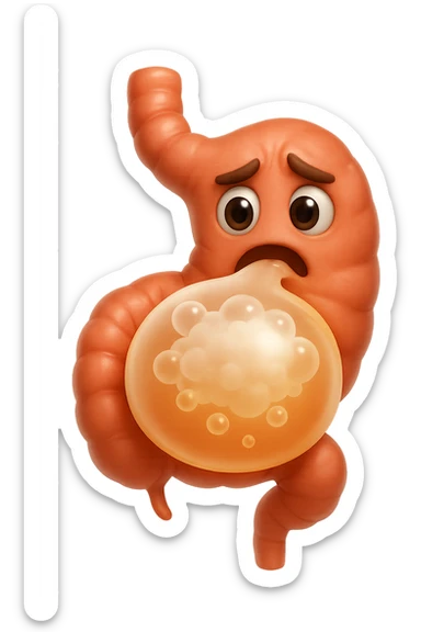 emoji stile iphone di un intestino che ingoia una nuvoletta di aria ben visibile e gli si gonfia la pancia, non fargli il naso, iperrealistico 4k sticker