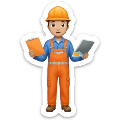 railway engineer full body in orange overalls, carrying a piece of paper with both hands in front of him sticker