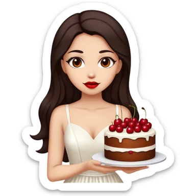 Beautiful woman in 1965’s woman fashion look, white dress, long dark brown hair, cherry cake sticker