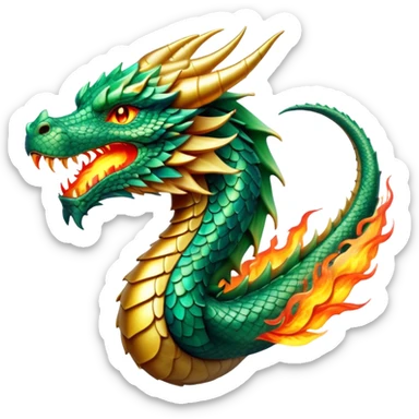 cinematic-noble-dragon-portrait-emoji,-poised-and-majestic,-with-a-sinuous, breathing raging fire breath, -elongated-body-covered-in-intricately-detailed,-shimmering-scales-in-hues-of-emerald-and-gold,-and-piercing,-fiery-eyes-that-reflect-ancient-wisdom; Breathing fire sticker