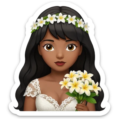 Latina girl with bangs black long hair plus size lace wedding dress with plumeria bouquet sticker