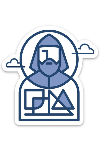 flat design logo for a tech startup, inspired by Luca Pacioli, using a stylized monogram and geometric forms sticker