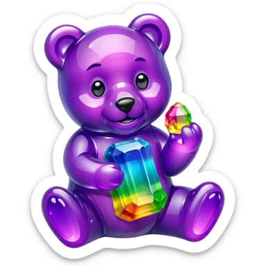 Rainbow Colored Gummybear holding a purple crystal sticker