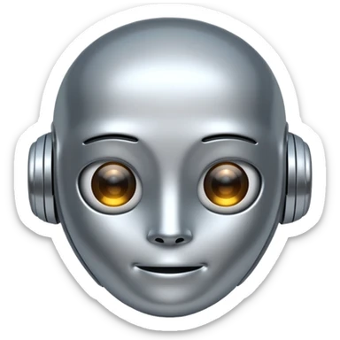 A cute futuristic robot emoji made of silver chrome, rounded friendly body, minimal facial features, glossy metallic surface, soft reflections, iOS emoji style, centered, clean white background sticker